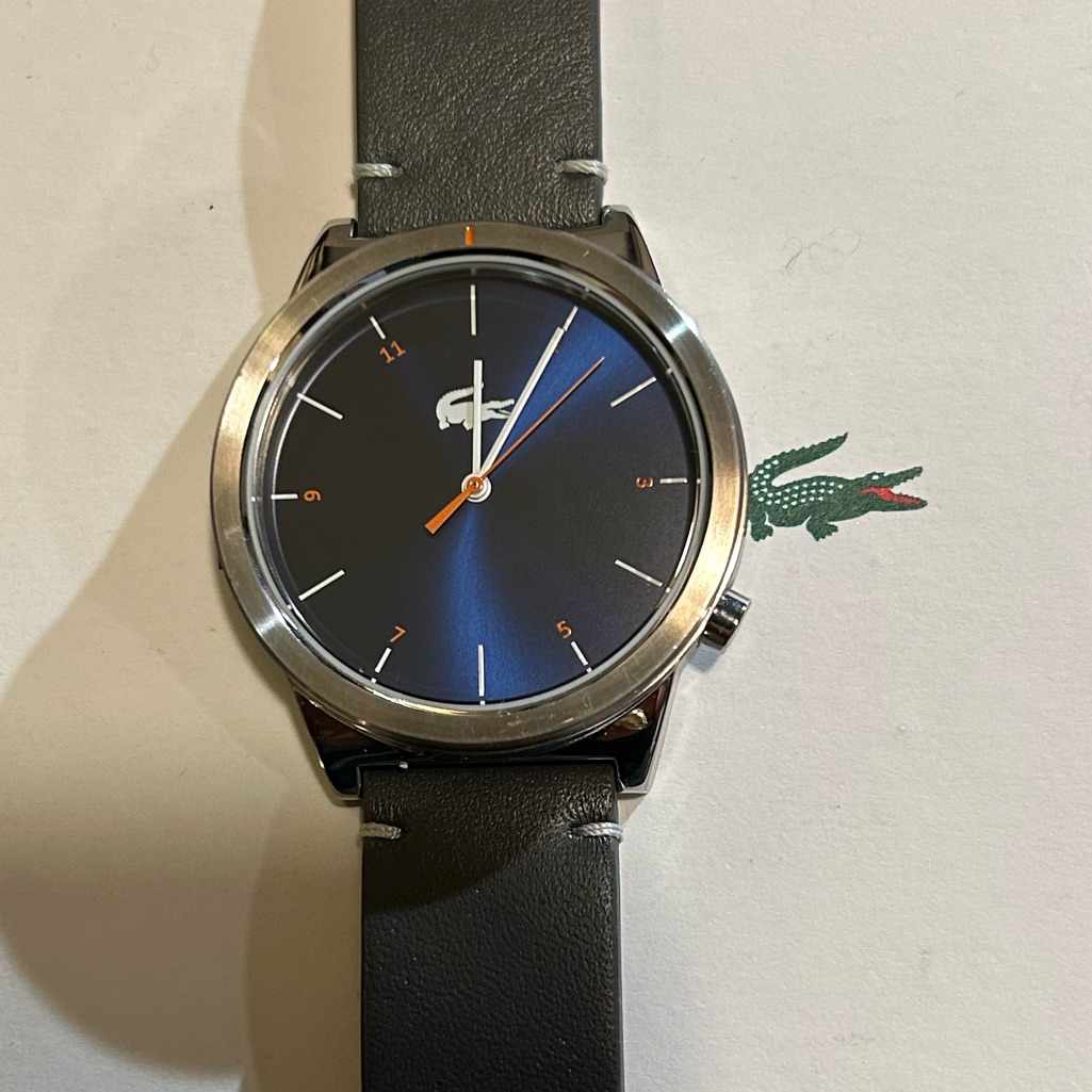 Lacoste Collection Watch With 42mm Navyblue Face And Grey Leather Band.